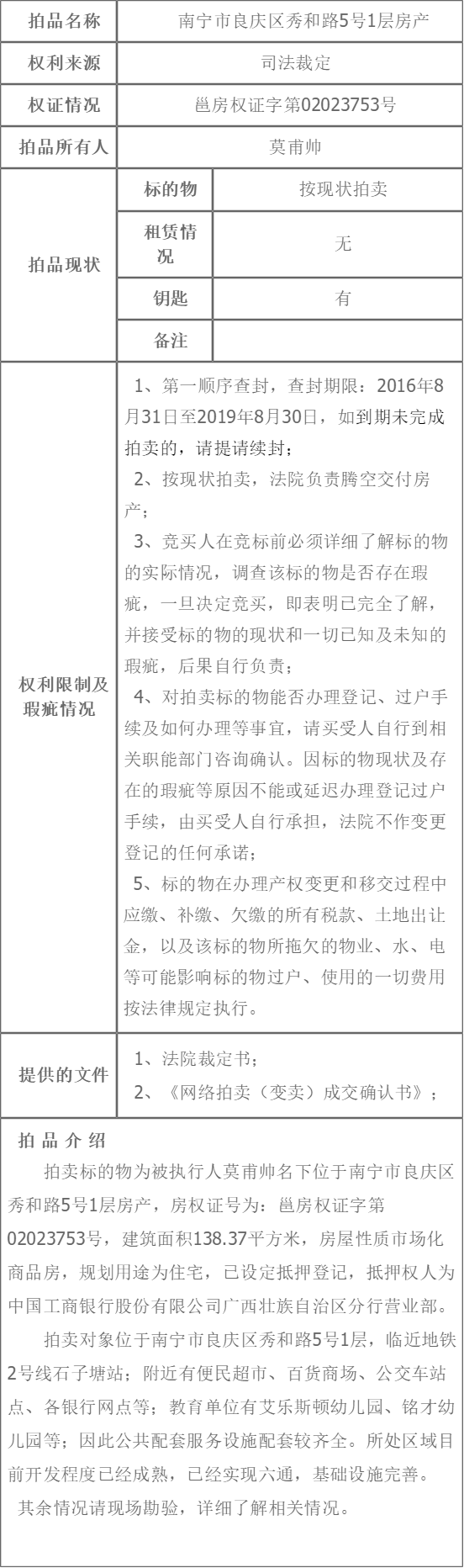 南宁市良庆区秀和路5号1层房产 10折拍卖 138 37平方米 74万 不限购